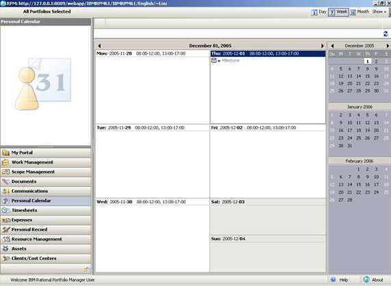 view showing personal calendar