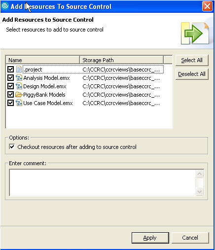 Resources to Source Control dialog