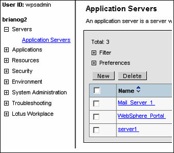 Administrative Console 应用服务器列表