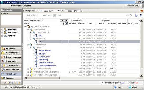 timesheet view of project showing task breakdown