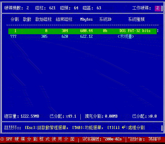 以 spfdisk 分割硬盘的一个范例（续）（图二）